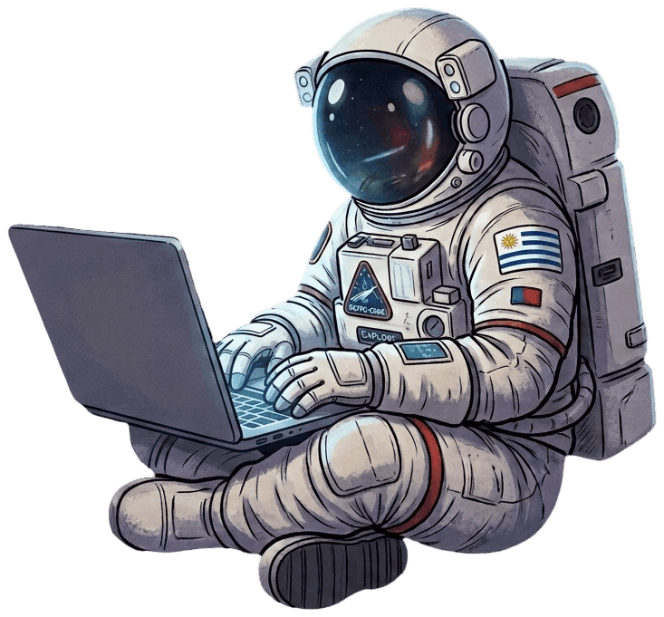 Ilustración de un astronauta sentado con las piernas cruzadas, escribiendo código en un laptop, con el parche de Astrocode y la bandera de Uruguay en el traje.